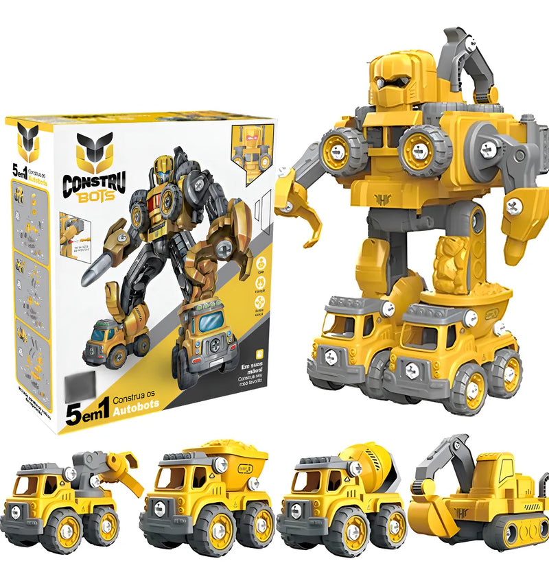 Robô Carrinho Brinquedo 5 em 1 Construbots Monta e Desmonta Educativo Infantil com Ferramentas Criativas – Robô Transformável Interativo Meninos e Meninas