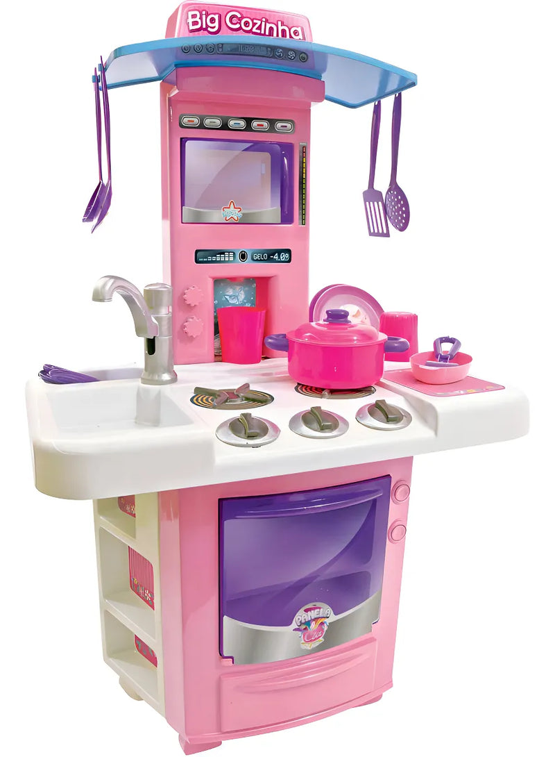 Cozinha Infantil Completa Grande Big Star Rosa Com Fogão Forno Torneira e Acessórios Brinquedo Menina