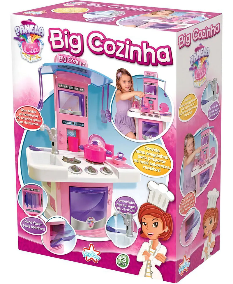 Cozinha Infantil Completa Grande Big Star Rosa Com Fogão Forno Torneira e Acessórios Brinquedo Menina