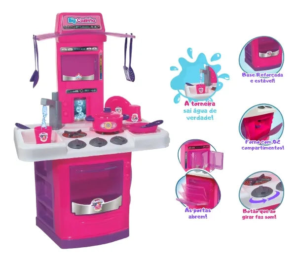 Cozinha Infantil Completa Grande Big Star Rosa Com Fogão Forno Torneira e Acessórios Brinquedo Menina