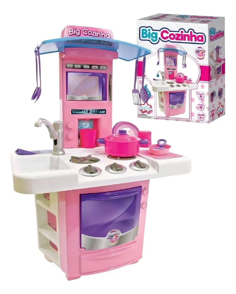 Cozinha Completa Infantil Big Star Rosa 16 Peças com Panelinhas, Talheres, Pratos e Acessórios de Brinquedo para Meninas