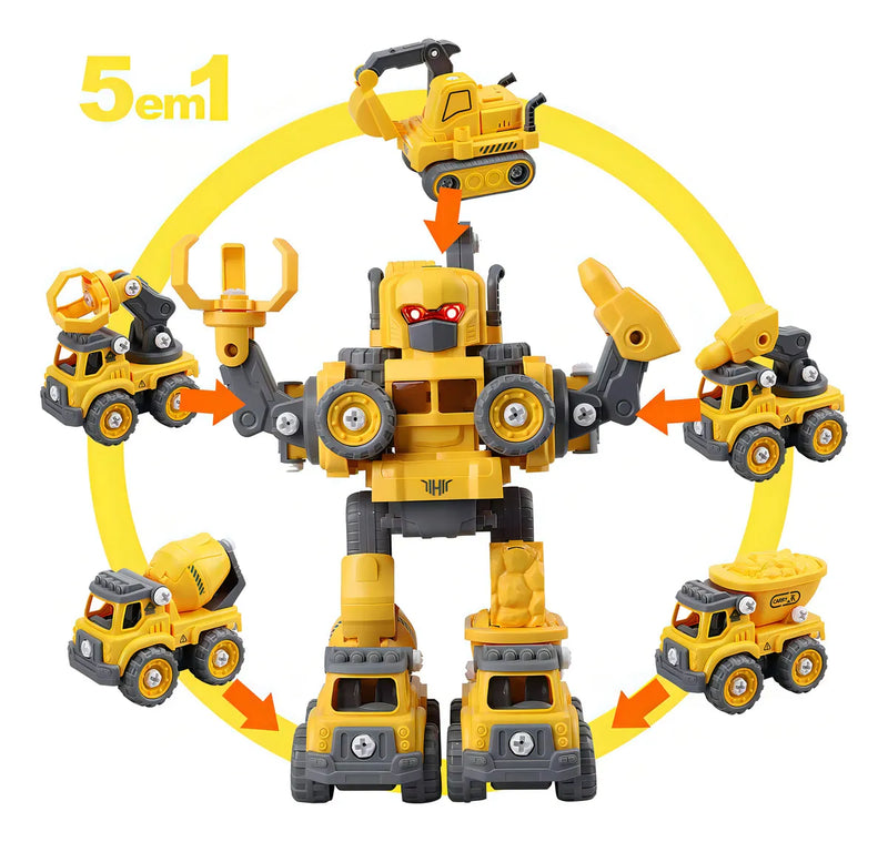 Robô Carrinho Brinquedo 5 em 1 Construbots Monta e Desmonta Educativo Infantil com Ferramentas Criativas – Robô Transformável Interativo Meninos e Meninas
