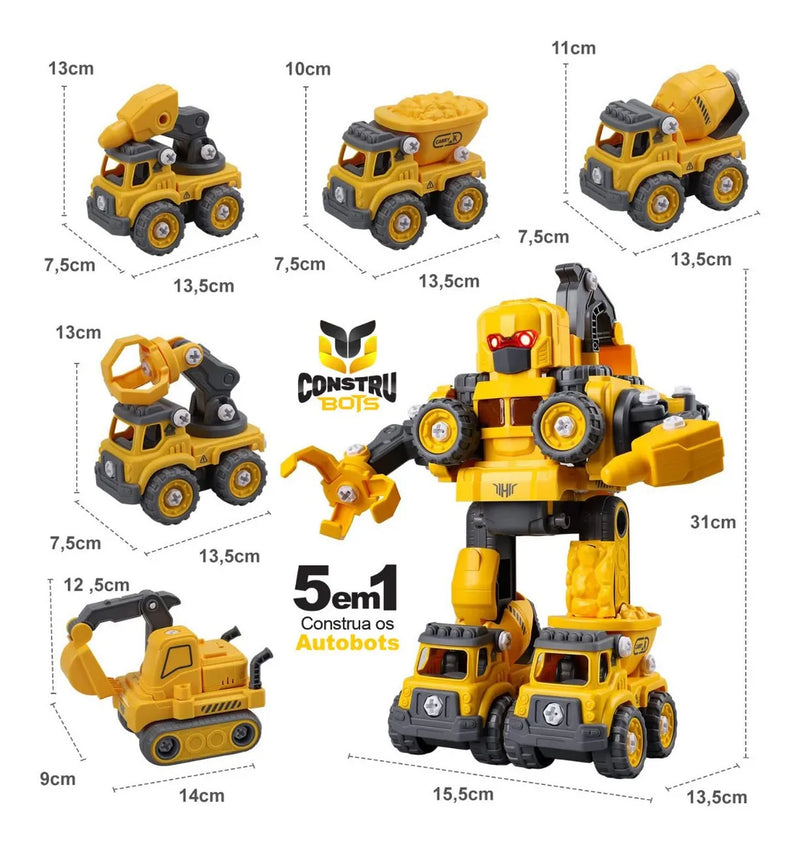 Robô Carrinho Brinquedo 5 em 1 Construbots Monta e Desmonta Educativo Infantil com Ferramentas Criativas – Robô Transformável Interativo Meninos e Meninas