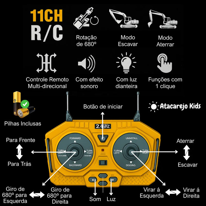 Escavadeira Controle Remoto Luz Som Brinquedo Menino Criança Dourado Retroescavadeira