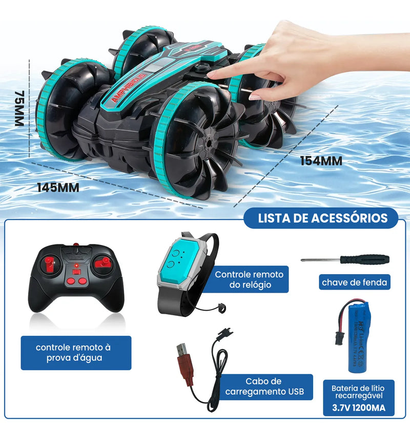 Carrinho Controle Remoto Carro Brinquedo Acrobático Anfíbio Ciano Carro Com Controle Remoto