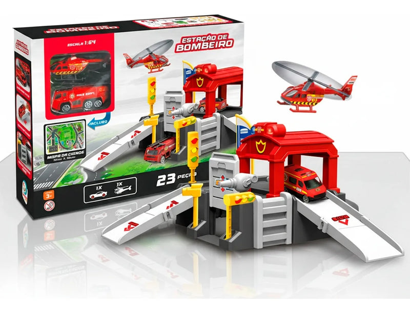 Estação De Bombeiro Infantil Pista Com Carrinho Para Meninos